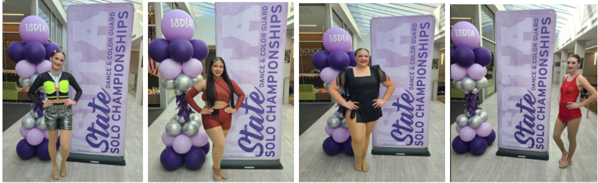 Charger Dance Team members with the State Dance & Color Guard Solo Championships banner.